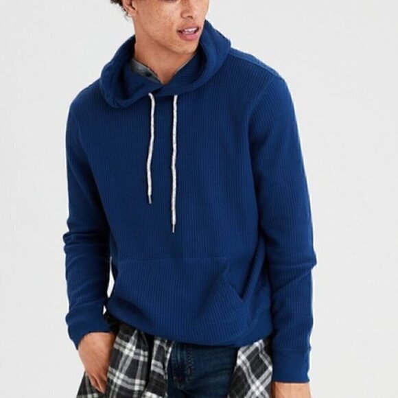 AMERICAN EAGLE Mens Solid Red Pullover Waffle Knit Thermal Hoodie Sweatshirt M - Picture 2 of 16